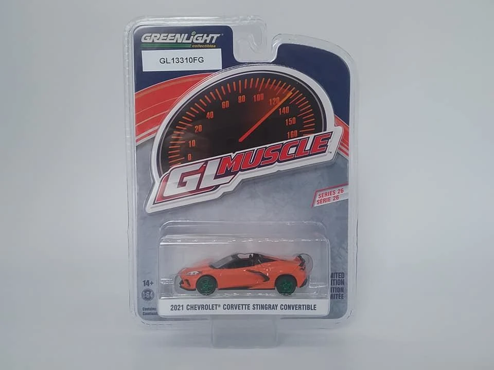 2021 Corvette Stingray Convertible In Orange *RARE With Green Wheels In 1:64 Scale By Greenlight