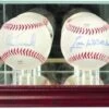 Double Baseball Display Case Wood Base W/mirrored Bottom And Glass Top W/mirrored Back