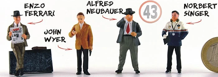 Set Of 4 Team Managers, Enzo Ferrari, Alfred Neubauer, John Wyer Et Norbert Singer In 1:43 Scale By LeMans Miniatures