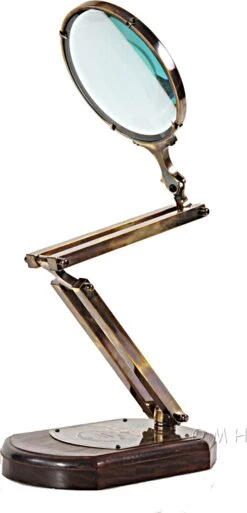 Brass Big Magnifier Glass W/ Wooden Base By Old Modern Handicrafts