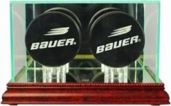 Double Puck Display Case Wood Base With Mirrored Bottom And Glass Top