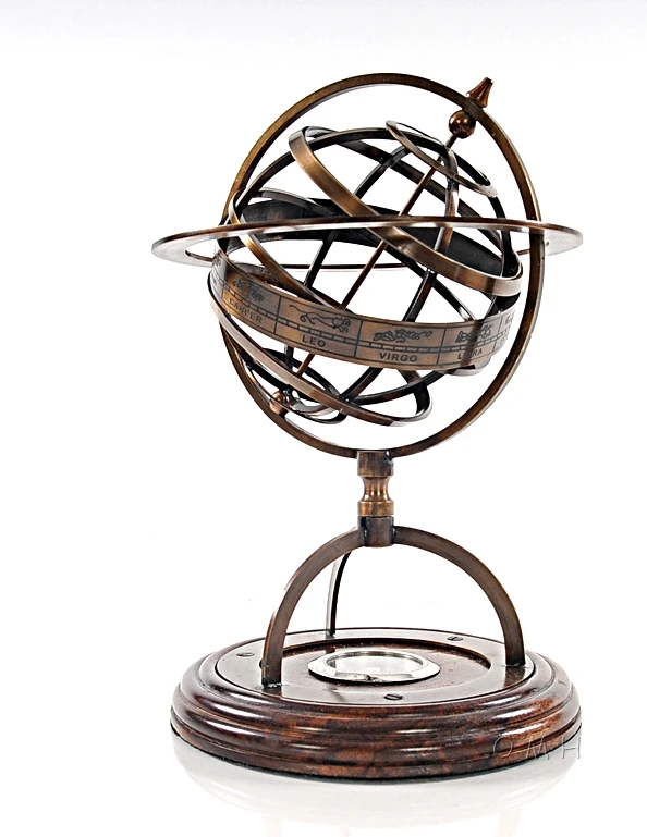 Brass Armillary With Compass On Wood Base By Old Modern Handicrafts